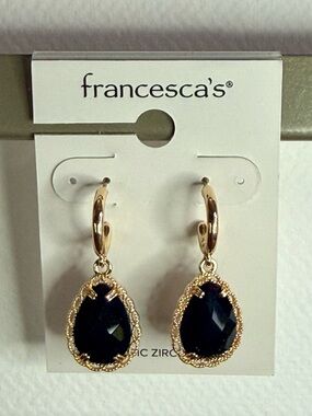 Francesca's Collections Gold Hoop Earrings with Black Teardrop Stones